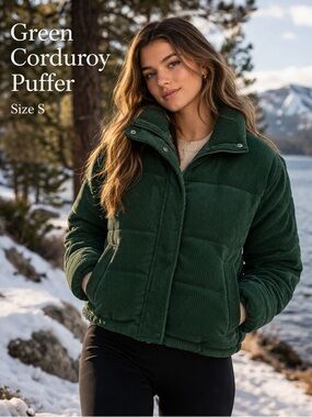 Green Corduroy Puffer Jacket Cropped Cozy Winter Coat Size S